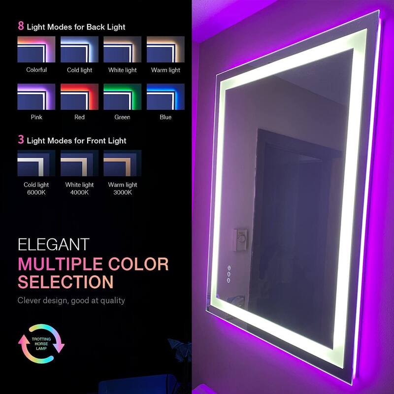 KIOTEE Rectangular LED Frontlit & RGB Backlit Anti-Fog Tempered Glass Bathroom Vanity Mirror with ETL and 3-Year Warranty