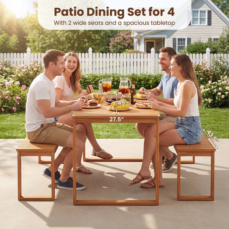 Gymax 3 PCS Acacia Wood Picnic Set 43.5'' Outdoor Dining Table w/2