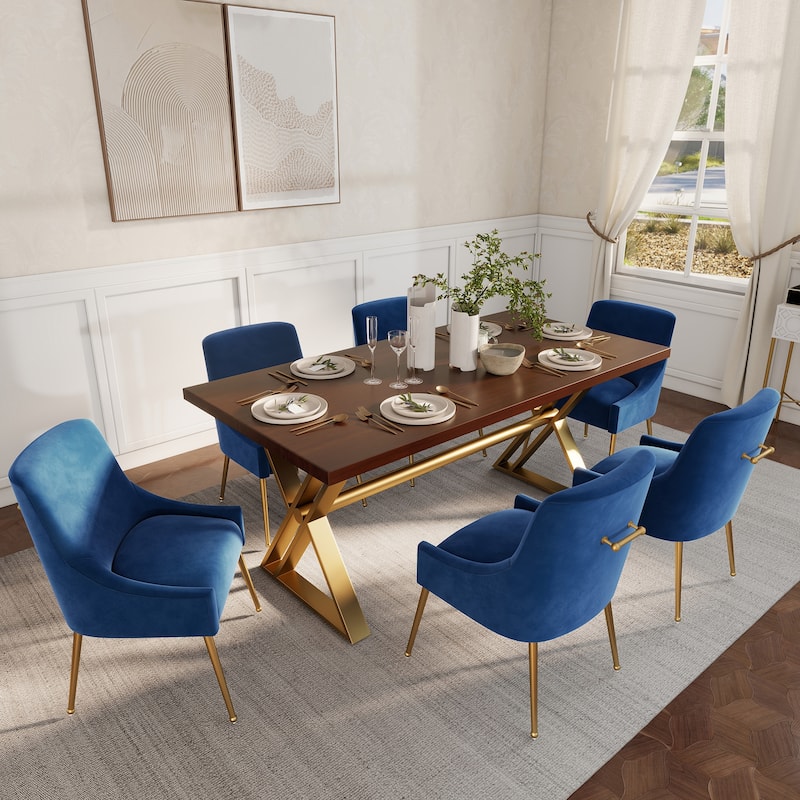 7-Piece Clihome Walut Wood Table with Velvet Chair Dining Chair