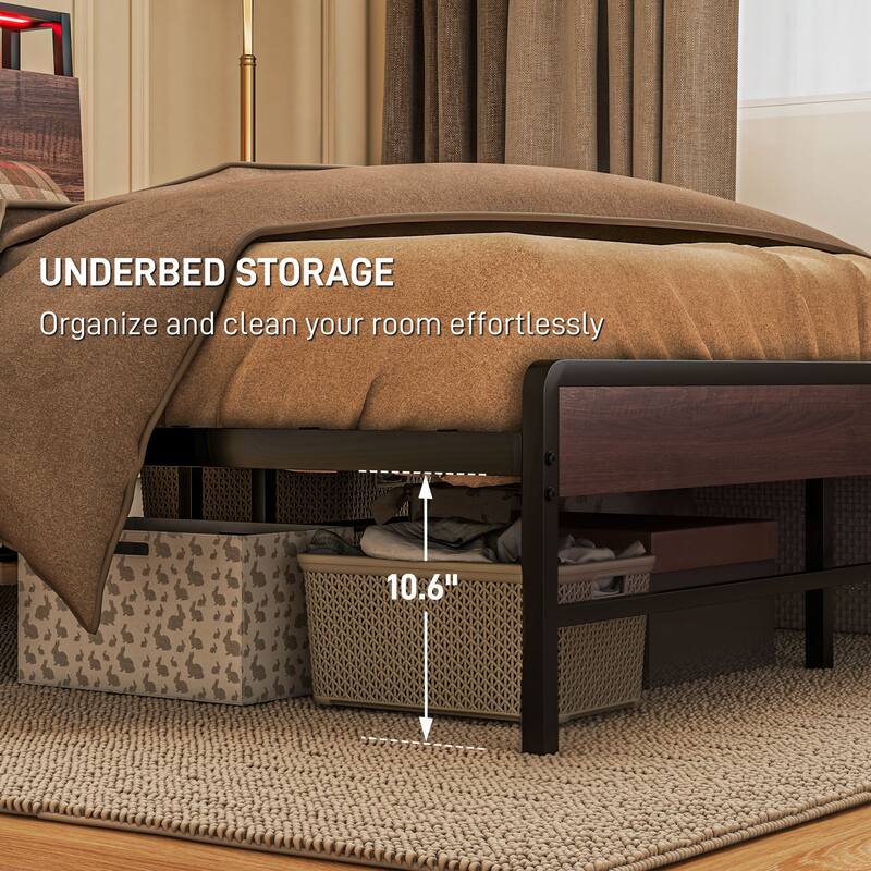 Walnut Platform Bed Frame with USB Charging and RGB LED Lights 3-Tier Storage and Noise-Reducing Mats