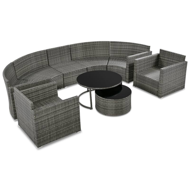 9 Piece Half-Moon Outdoor Sofa Set, All-Weather Rattan Conversation Furniture Set, Round Sofa Set with Coffee Table