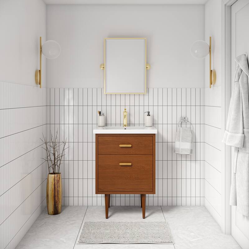 Brandy Integrated Ceramic Sink Top Vanity in Honey Walnut with Satin Gold Single Faucet
