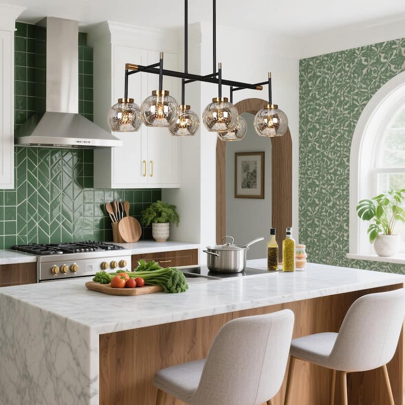 Modern Glam 3/6-Light Black Gold Linear Chandelier Kitchen Island Pendant Lights with Mercury Glass