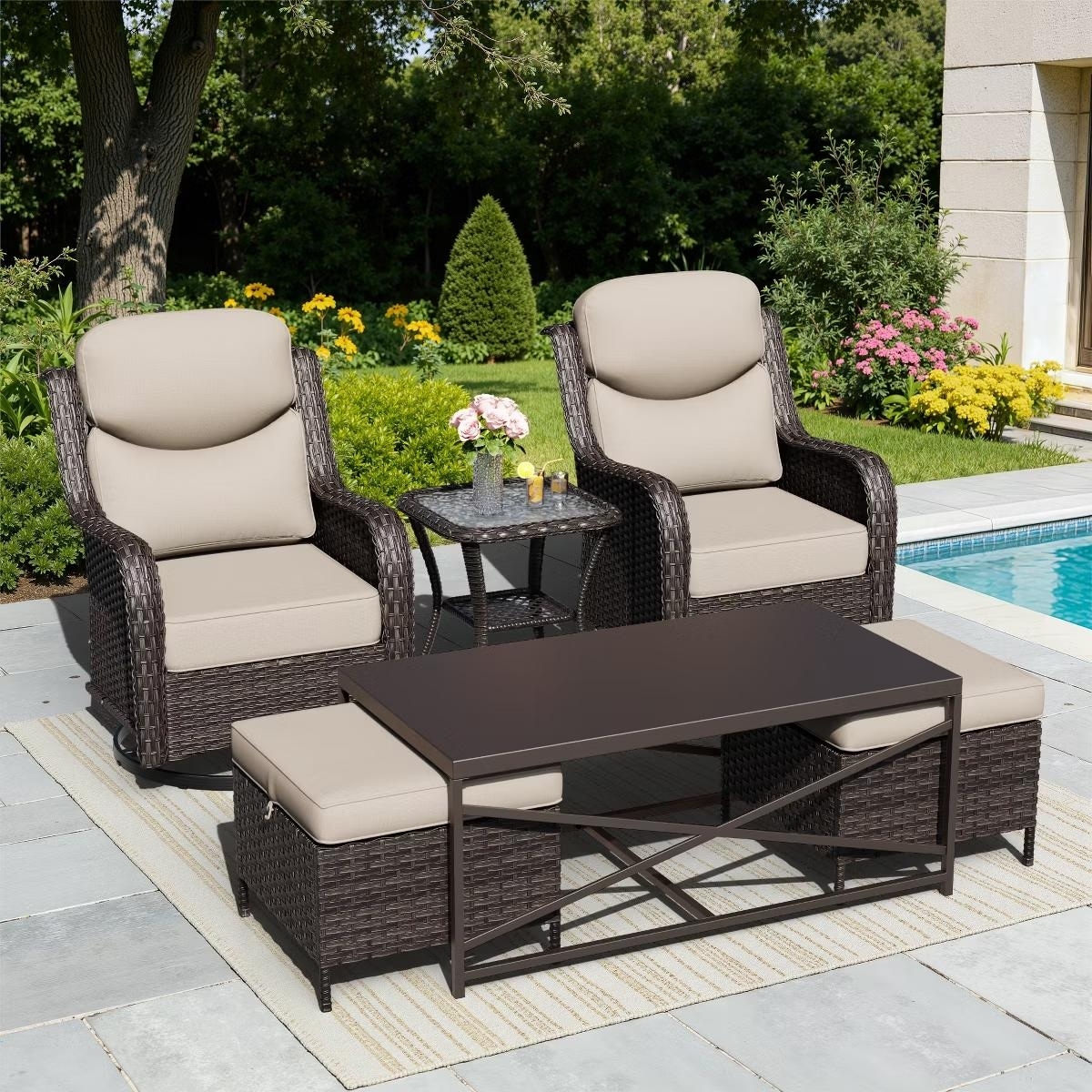 COZYWOR Outdoor Rocking Chair Set with Ottomans and Tables