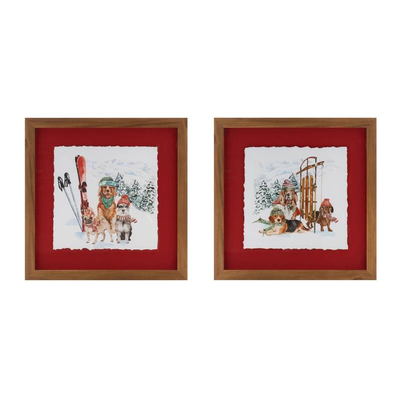 HomeRoots Set Of Two Dog Sled and Ski Brown Framed Wall Art