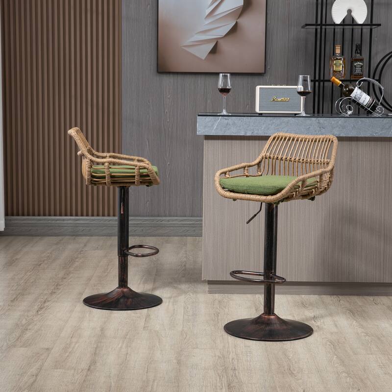 360° Swivel Bar Stools Set of 2, Adjustable Counter Height Chairs with Footrest, Rattan Bar Chairs with Cushions