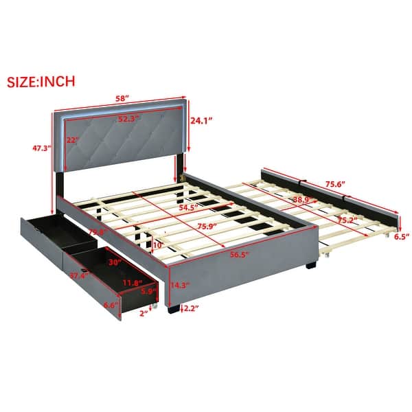 dimension image slide 2 of 4, Button-Tufted Wingback Bed Velvet Frame Storage Platform Bed with 2 Drawers, Trundle Bed and Smart LED Light Bed Frame