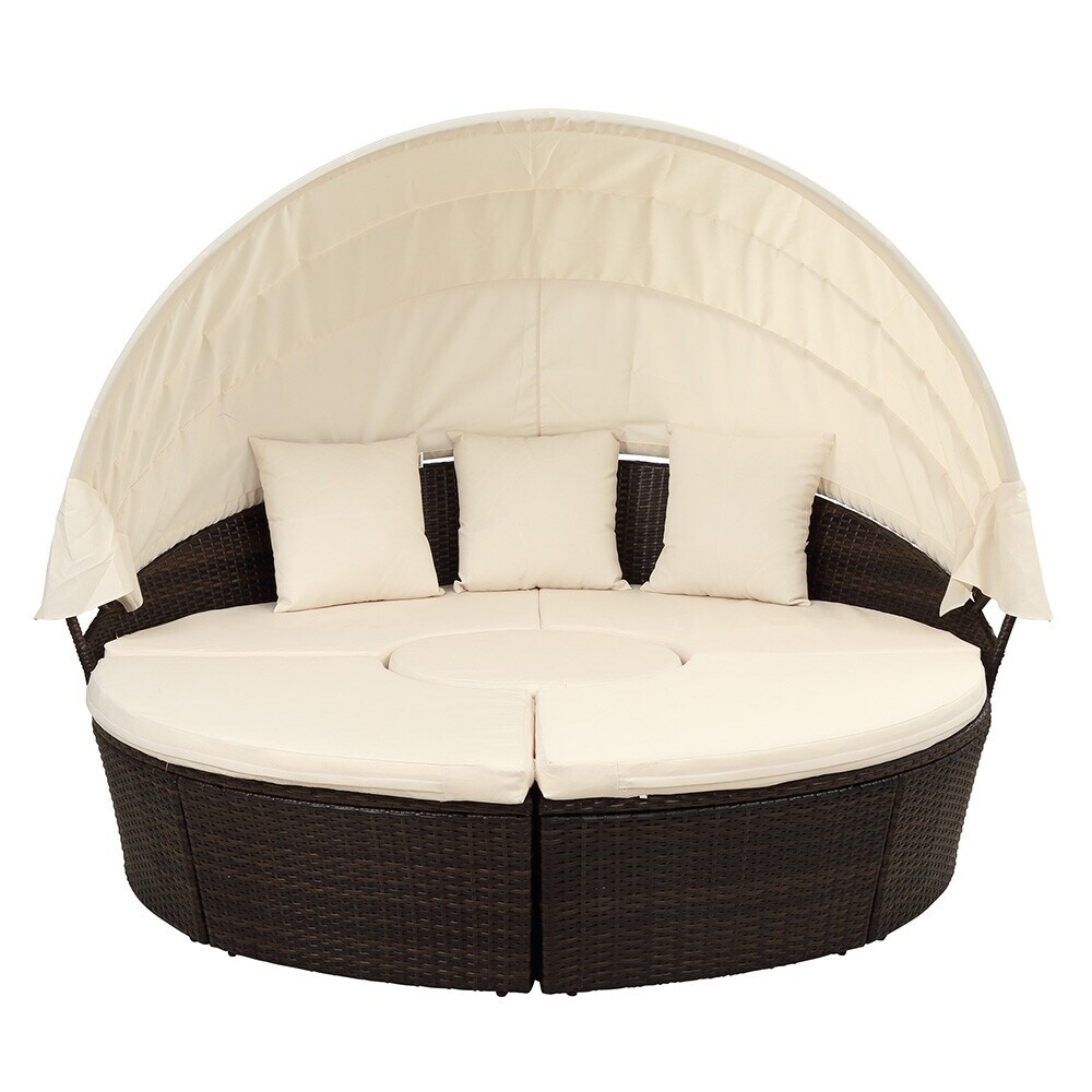 Outdoor Patio Furniture Round Sectional Sofa Set Rattan Daybed With Retractable Canopy