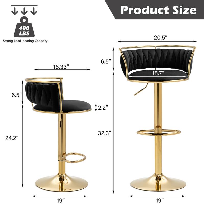 4 Set Velvet Adjustable Swivel Bar Stools With Backs