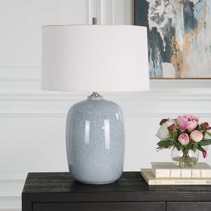 Glossy Ceramic Table Lamp with Tapered Shade - 27" - Blue and White
