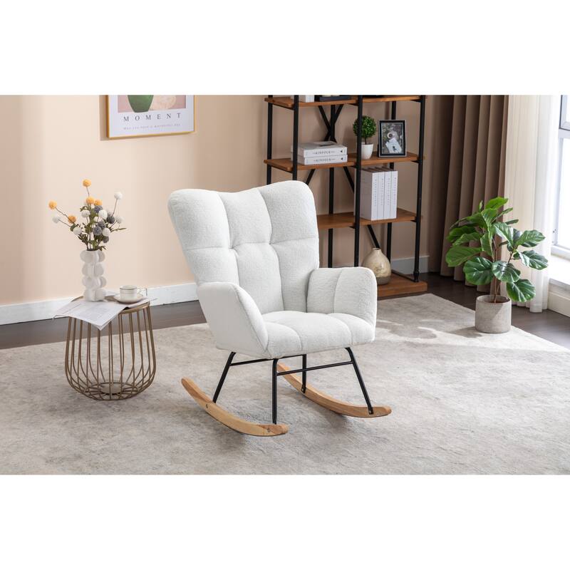 Teddy Fabric Upholstered Glider Rocker, Reading Chair with Thick Padded Seat, High Backrest Armchair with Wooden Legs