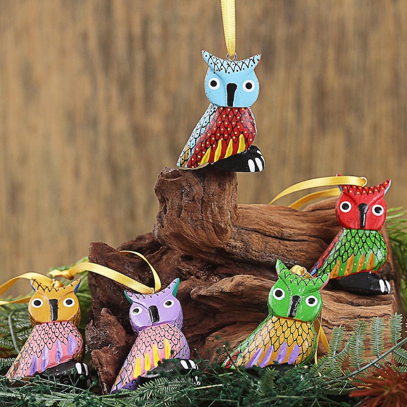 Novica Handmade Sweet Owls Wood Alebrije Ornaments (Set Of 5) - Each: 1.8" H x 1.4" W x 1.4" D