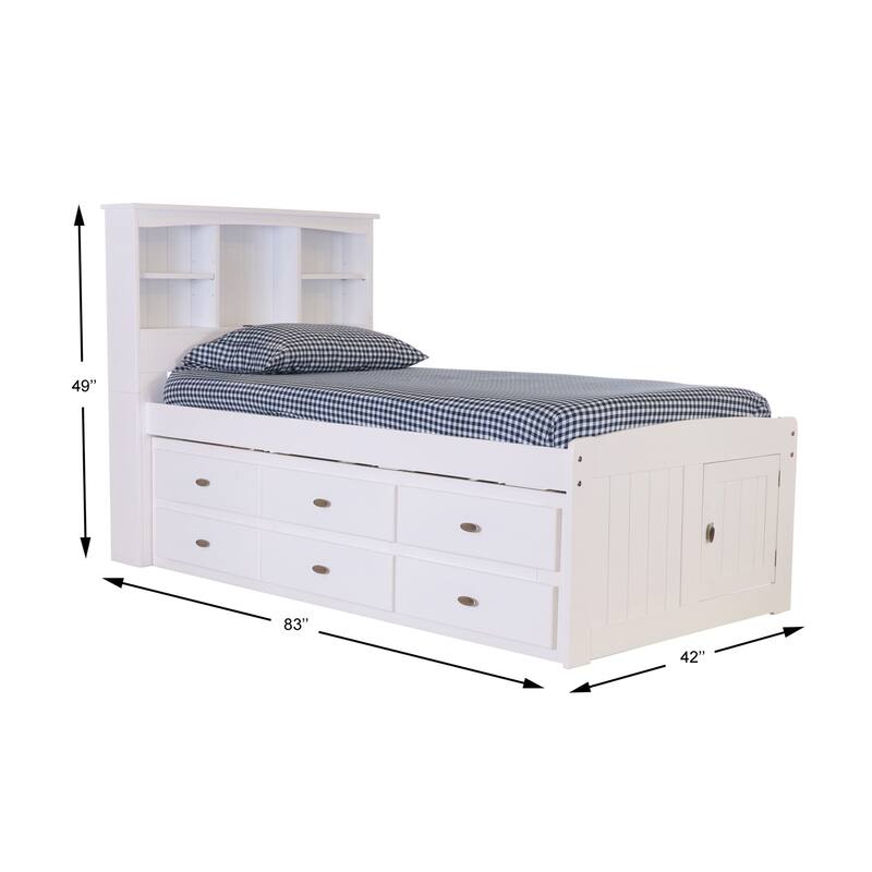 Twin Bookcase Bed with Drawers - Solid Pine Bed - Underbed Storage - Casual White Finish