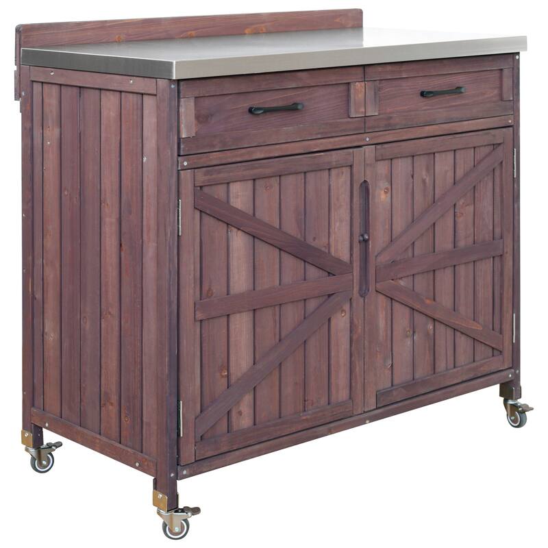 39 Inch Outdoor Kitchen Island Fir Wood Cabinet Stainless Steel Top Drawer