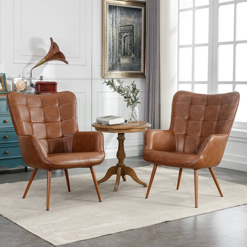 Vintage Wingback Chair Tufted Button PU Leather Accent Chair - Brown-2Pack