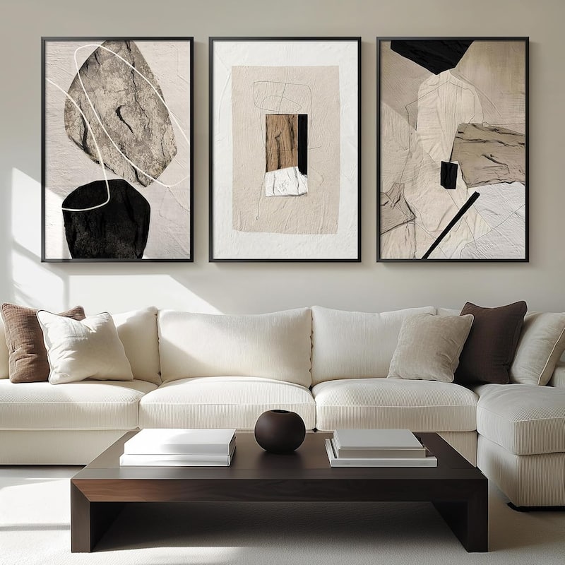 Framed Neutral Abstract Wall Art,Minimalist Black and Beige Pictures - 24 x 36