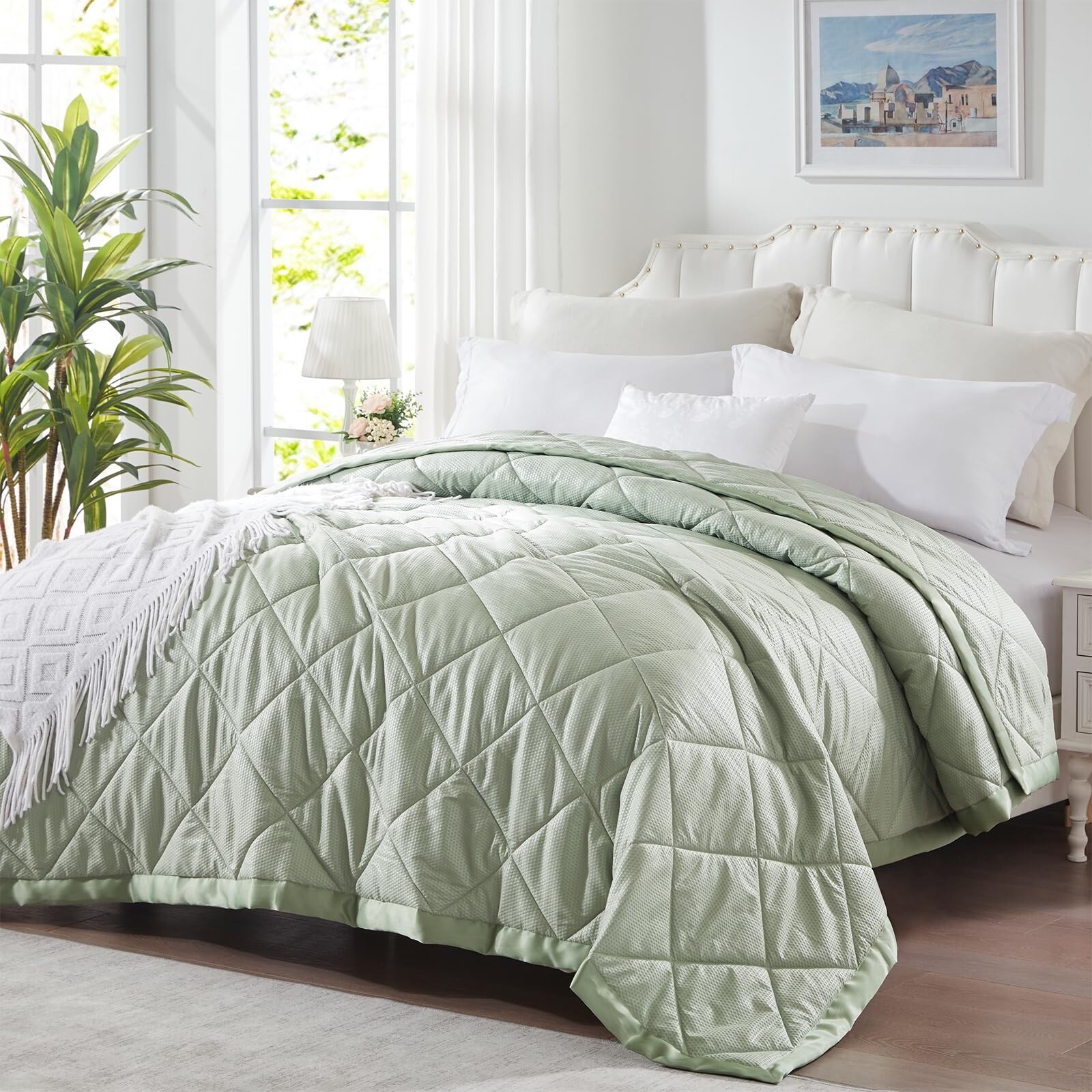Queen Size Blanket Down Alternative Blanket with Satin Trim Foggy Blue Summer Lightweight Comforter Luxurious Microfiber Bed Bath Beyond 40500803