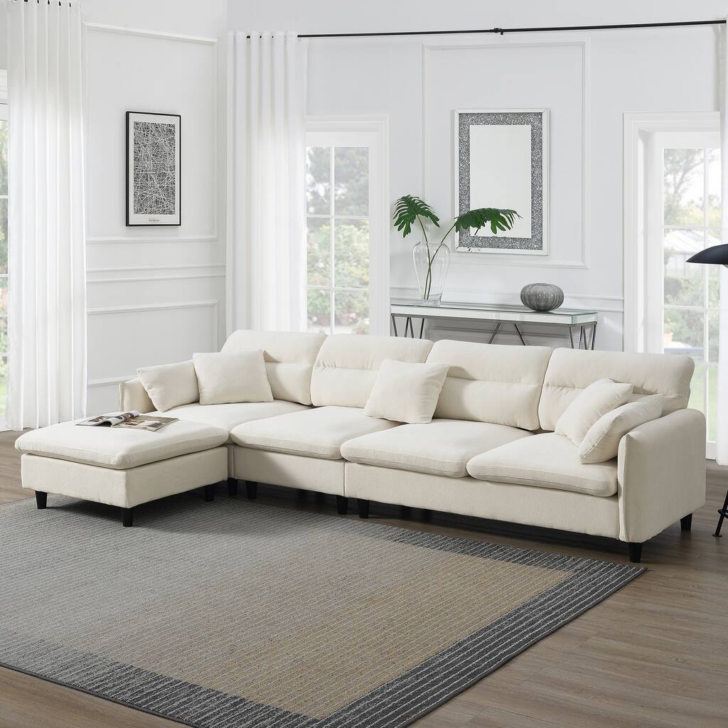 110" Modern L-Shaped Convertible 5 Seater Sectional Sofa with Removable Ottoman and 5 Pillows, Plush Cloud Chenille Fabric