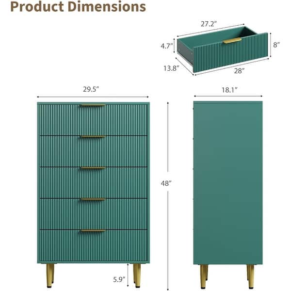 dimension image slide 4 of 15, Modern Natural Wood Color Fluted Dresser, Wooden Chest with Gold Metal Handles & Legs