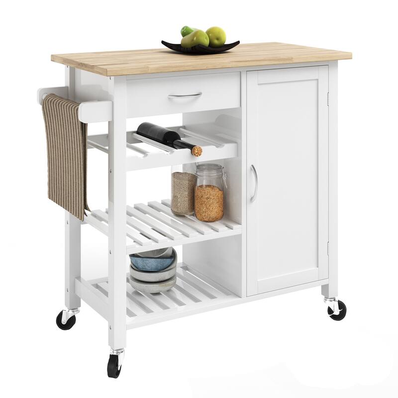 Rolling Kitchen Cart with Towel Rack and Shelves for Storage, White
