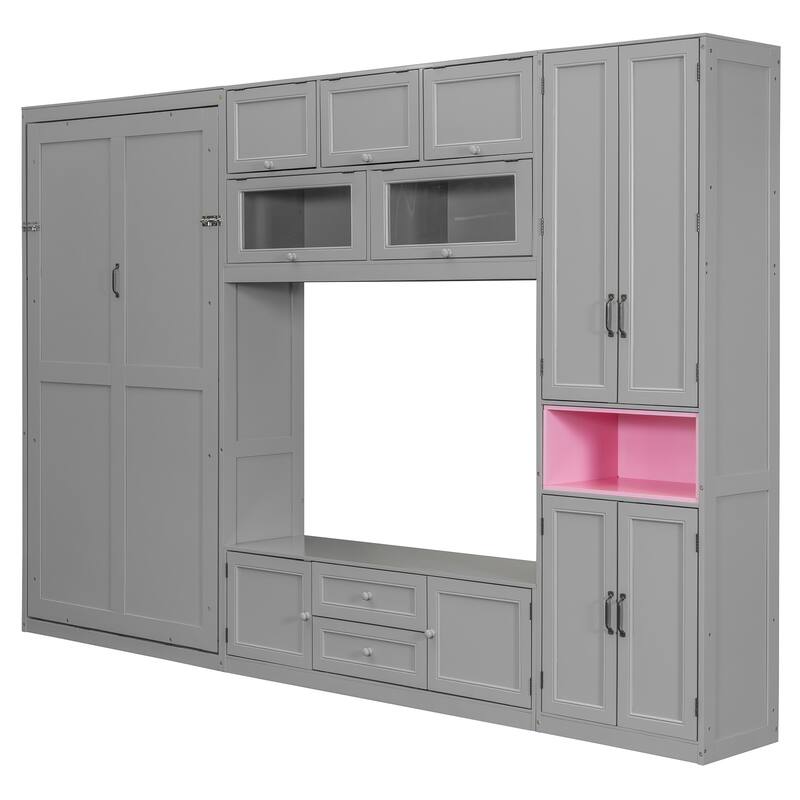Space-Saving Twin Murphy Bed with TV Stand, Storage Drawers & Shelves in Gray
