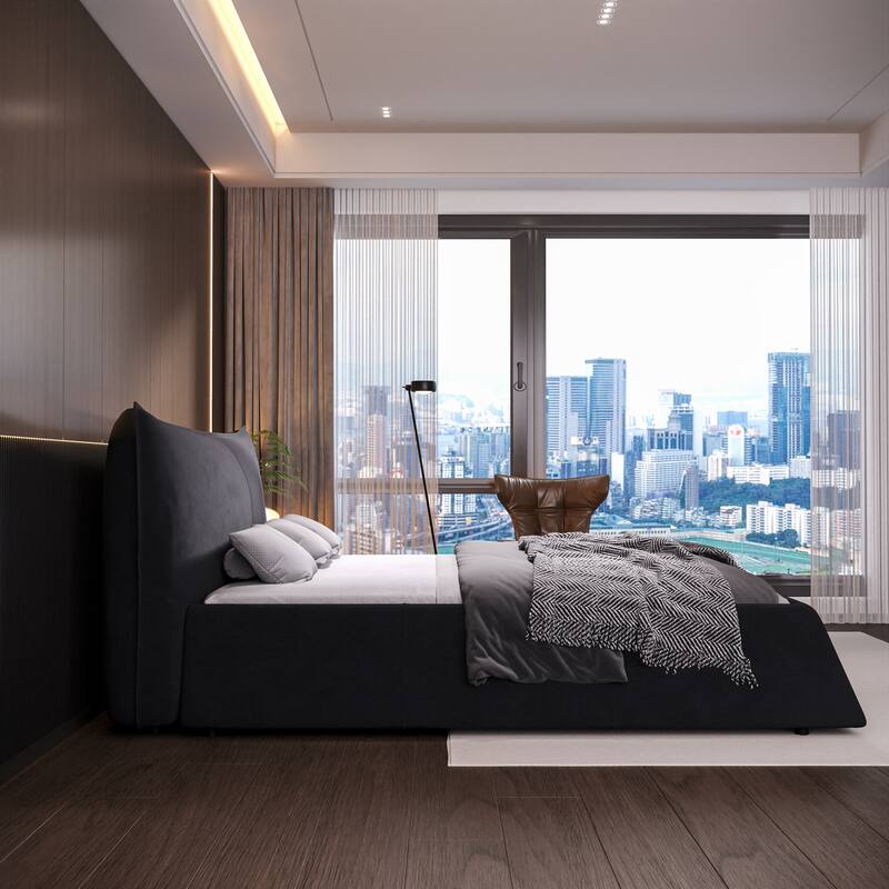 King/Queen Size Velvet Upholstered Platform Bed - Special Shaped Headboard with Metal & Solid Wood Frame, Modern Luxury Bedroom