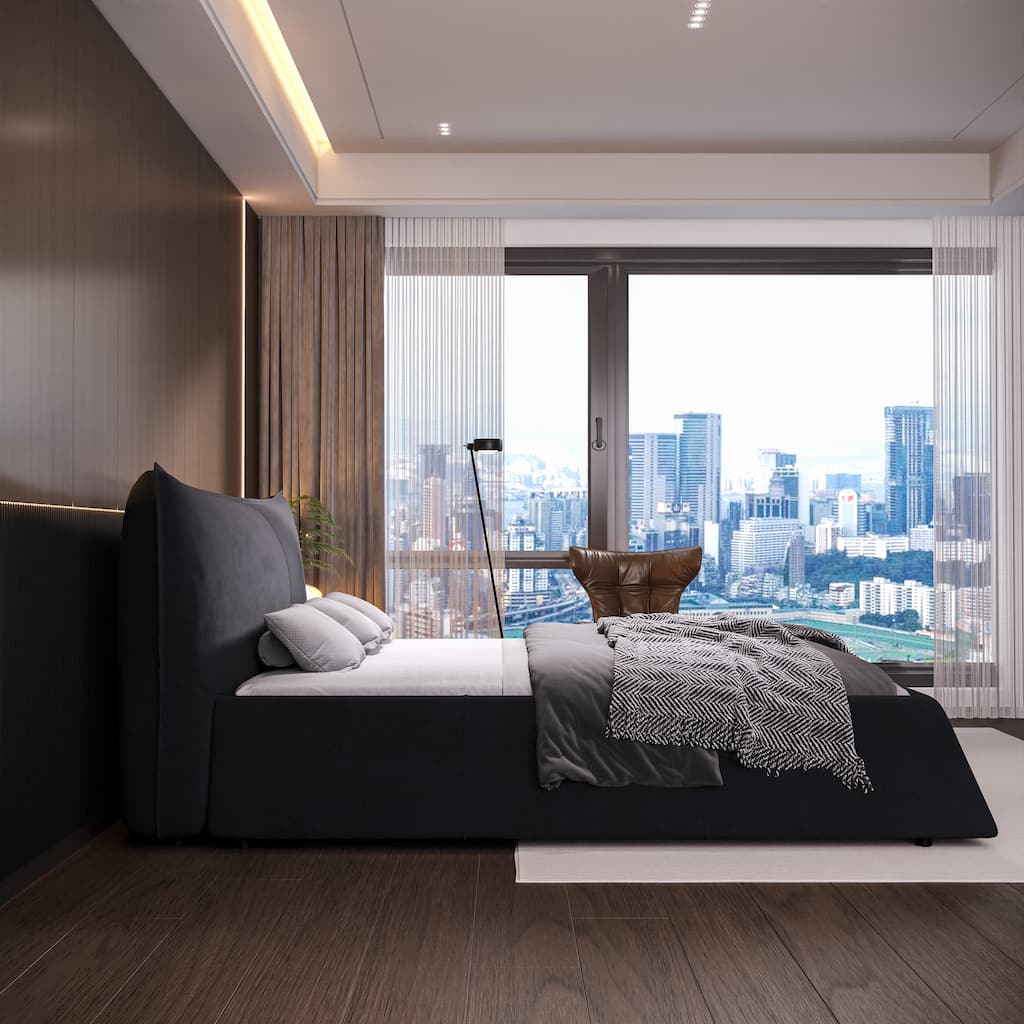 King Size Solid Wood Platform Bed Frame, Modern Upholstered Platform Bed with Velvet Padded Headboard, King Bed Frame - Cream