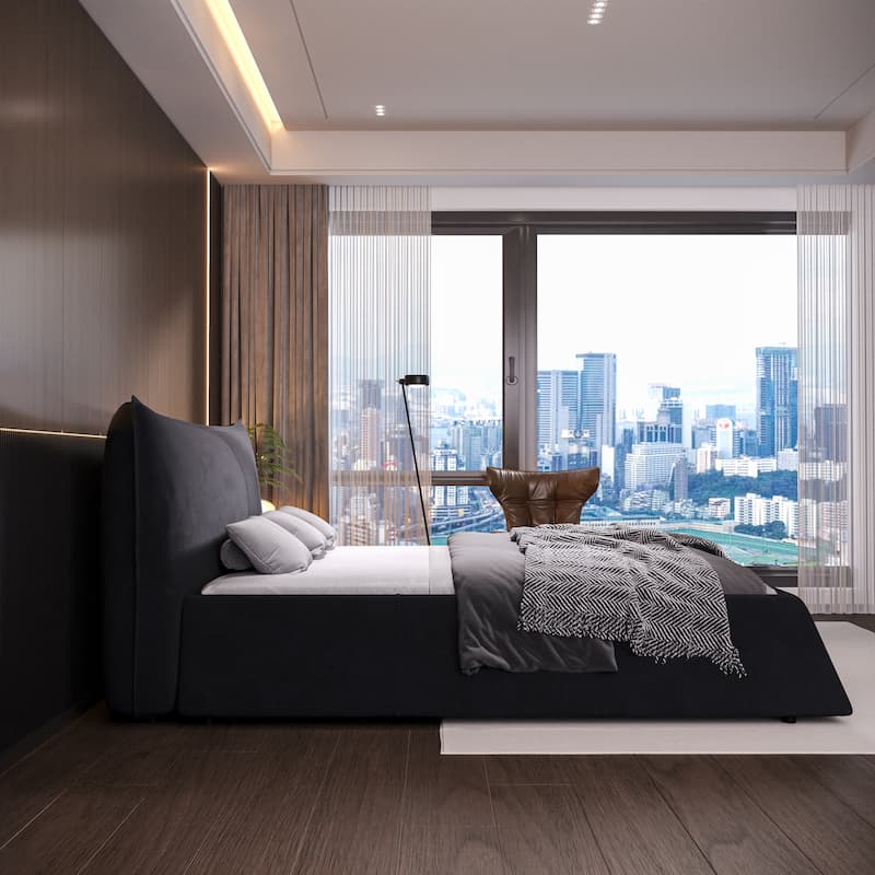 King Size Upholstered Platform Bed with Velvet Headboard, Metal & Solid Wood Frame, Black