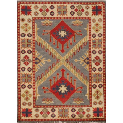 Gray Geometric Kazak Oriental Foyer Rug Handmade Wool Carpet - 2'0"x 3'0"