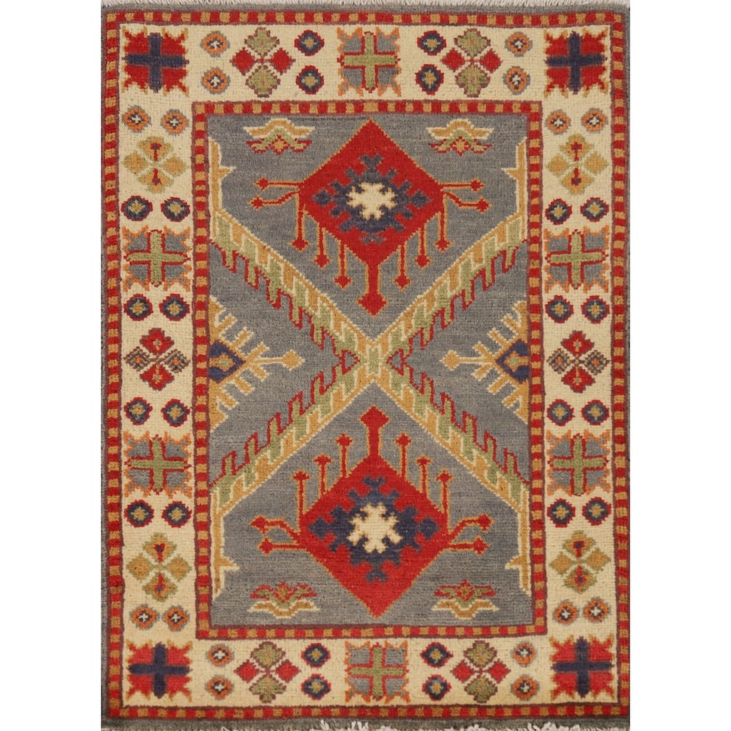 Gray Geometric Kazak Oriental Foyer Rug Handmade Wool Carpet - 2'0"x 3'0"