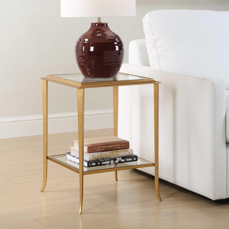 Strick & Bolton Gold Leaf Tempered Glass Square End Table