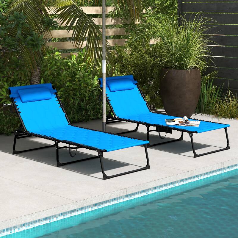 Folding Tanning Chair Set of 2, Outdoor Recliner Lounge Chairs with Pillow, Storage Pocket & Adjustable Backrest - Dark Blue