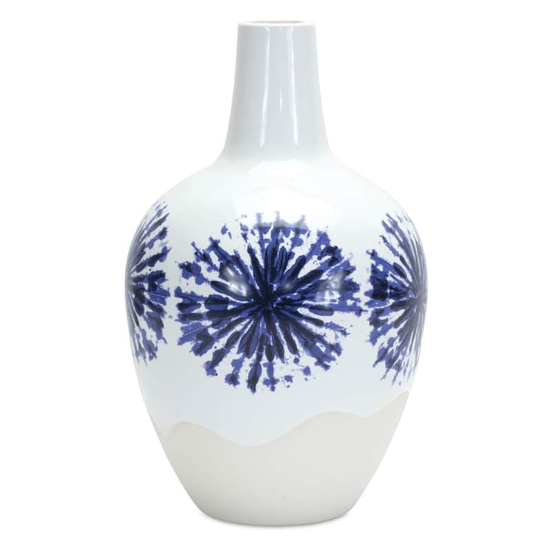 11" White And Blue Geometric Medallion Ceramic Urn Vase - 6.50