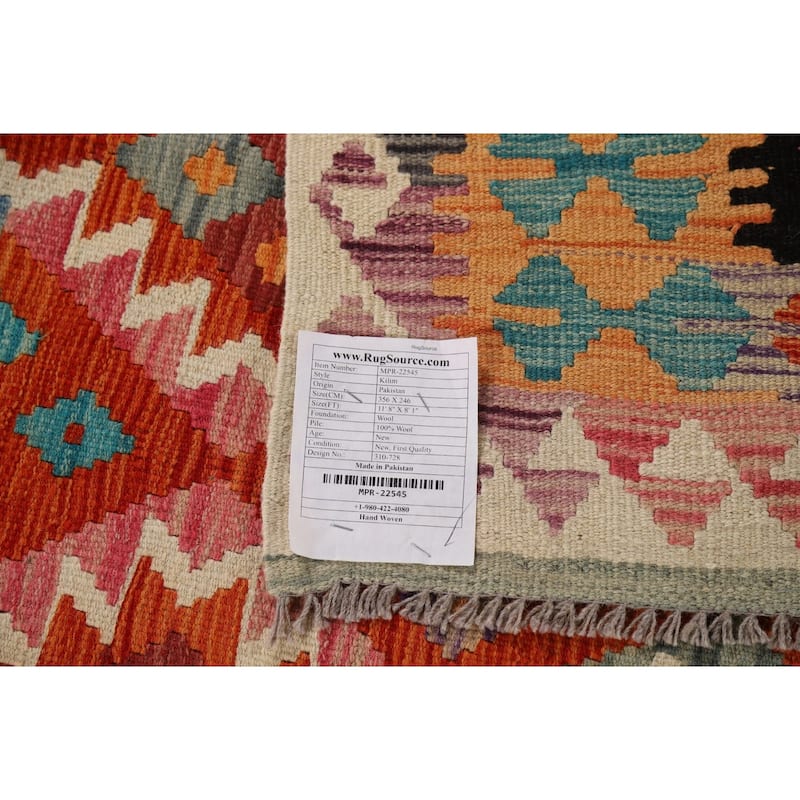 Orange Kilim Area Rug Hand-Woven Geometric Wool Carpet - 8'1" x 11'8"