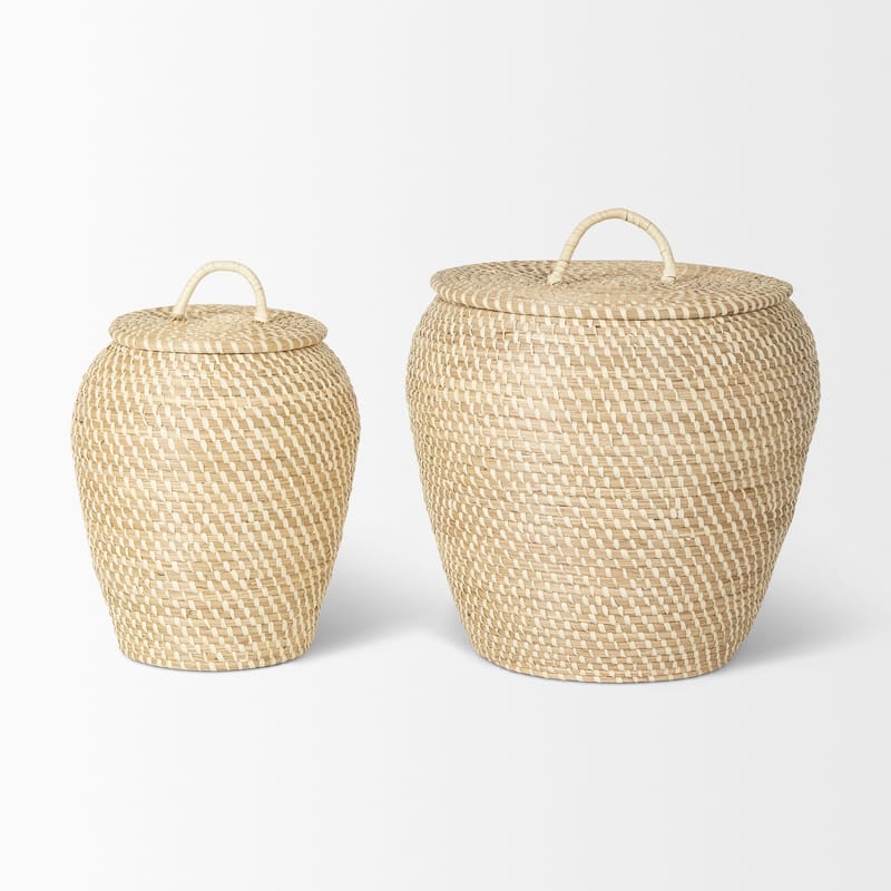 Kalopa Set of 2 Seagrass Floor Baskets w/ Flat Handled Lid - 18.1L x 18.1W x 17.3H
