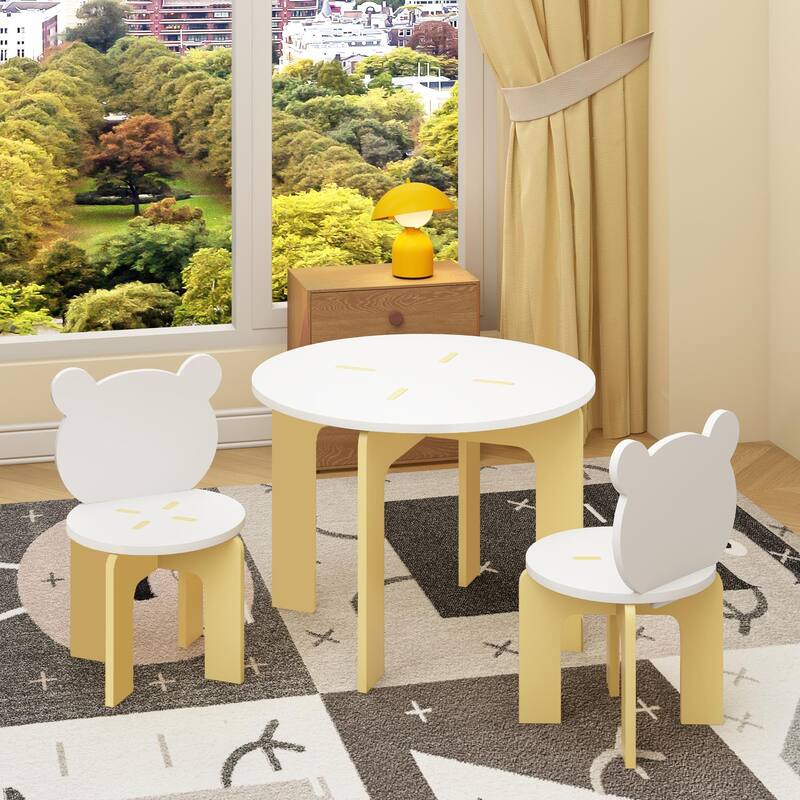 Kids Table and Chair Set, 3-Piece Toddler Table with 2 Chairs, Cute Bear-Back Chairs, Sturdy Wooden Activity Table Set