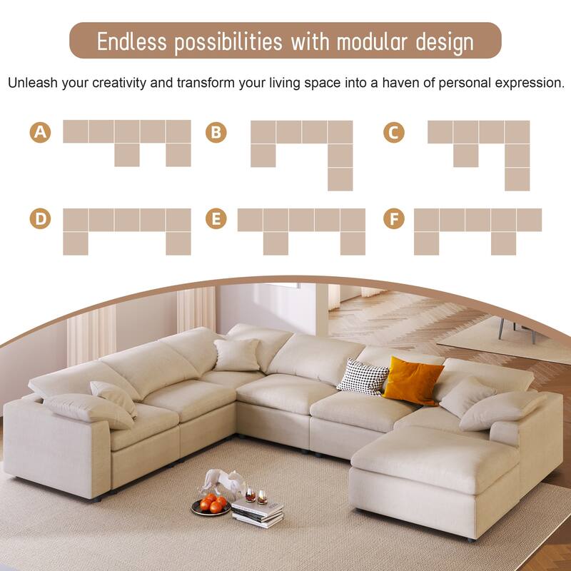 129.3'' L-Shaped 7-Seater Sectional with Ottoman and Pillow, Spacious Design for Living Room or Office Use
