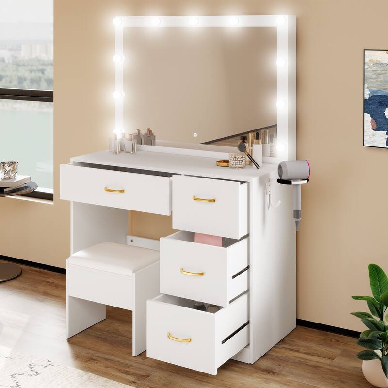 Black Vanity Desk Makeup Table Lighted Mirror Dressing - 35.4"L x 15.7"W x 53.5"H - White