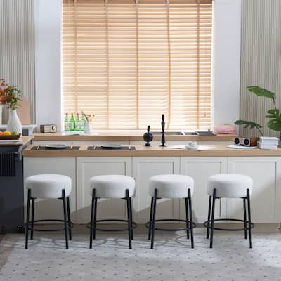 Round Bar Stools Set of 2, Fabric Upholstered Bar Chairs with Footrest, Backless Kitchen Island Stools with Metal Base