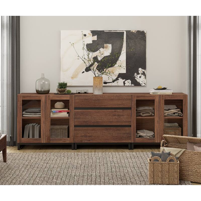 WAMPAT 3 in 1 Modern Dresser with Glass Doors and 3 Drawers, Chest of Drawers for Bedroom - Brown - 3-drawer