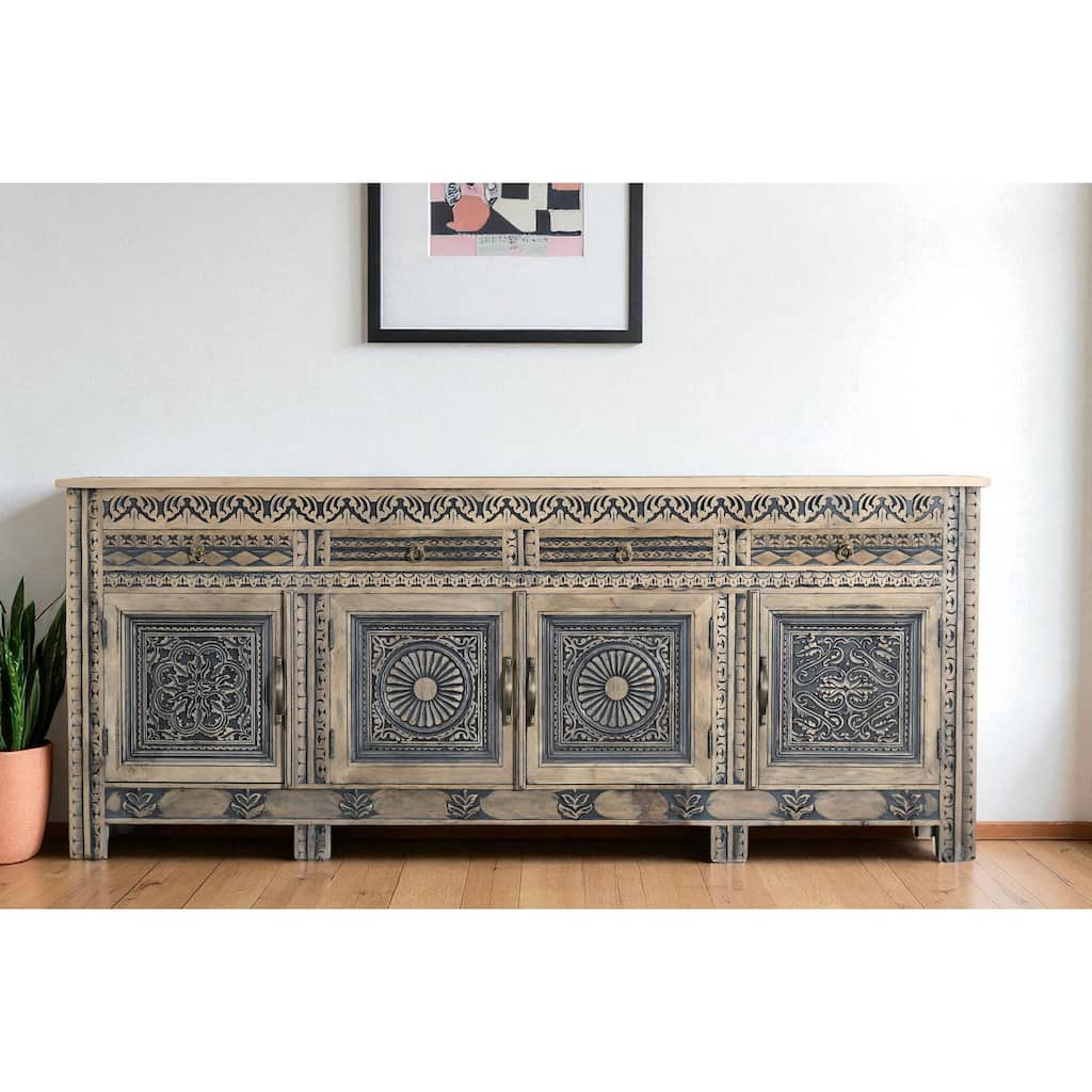 HomeRoots 102" Natural And Black Distressed Solid Wood Carved Geometric Four Drawer Sideboard