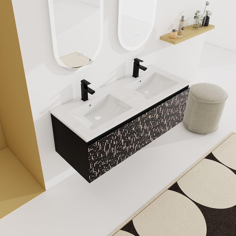 Plywood Wall Mounting Bathroom Vanity Set in Black with Integrated Ceramic Sink
