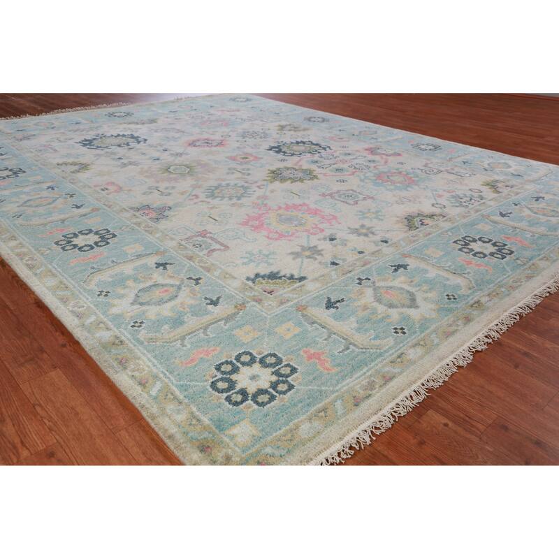 Floral Oushak Indian Area Rug Hand-Knotted Oriental Wool Carpet - 8'0" x 10'0" - 8'0" x 10'0" - Grey