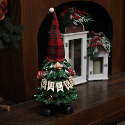 Alpine Corporation 28"H Polyresin Christmas Tree Gnome Decoration with Color Changing LED Lights