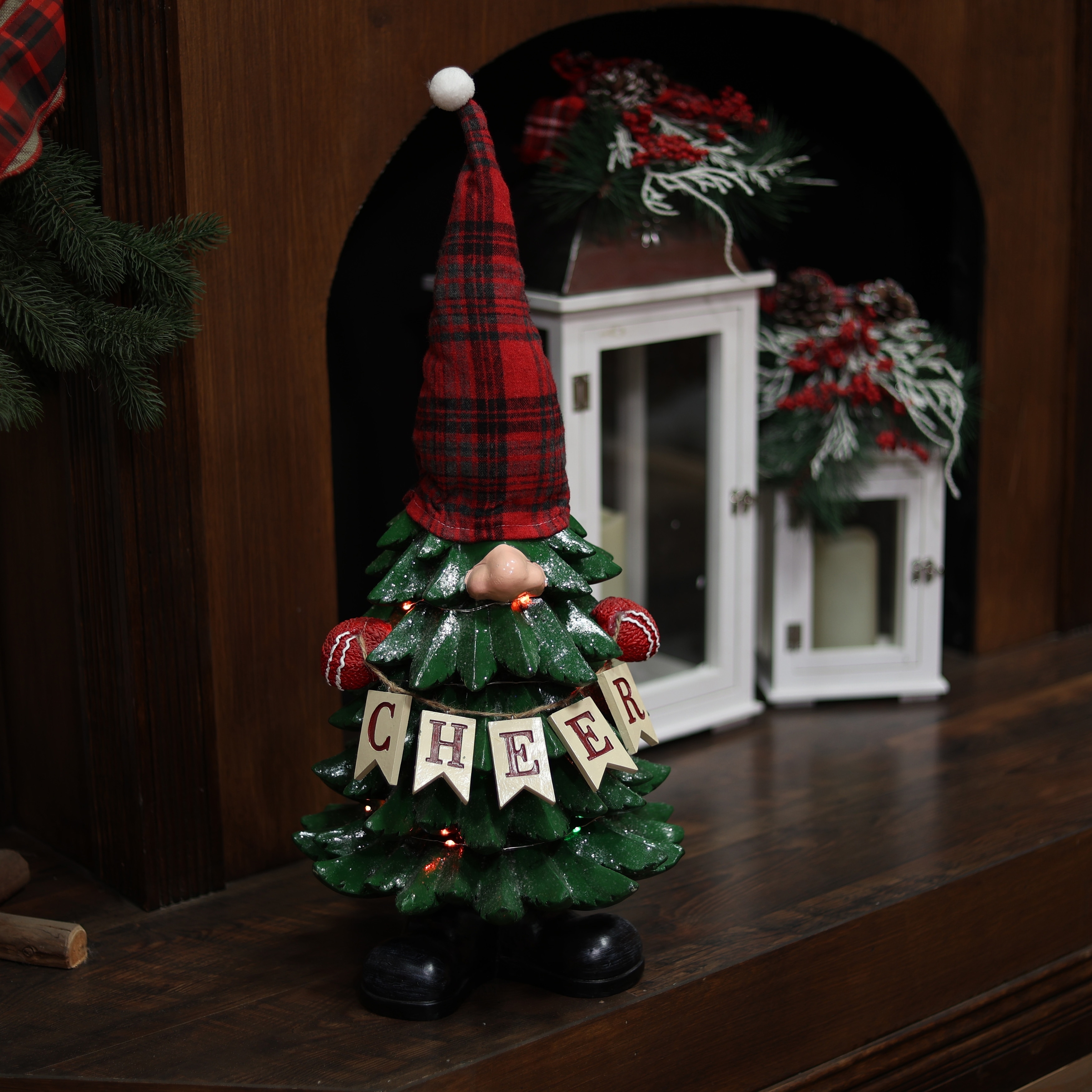 Alpine Corporation 28"H Polyresin Christmas Tree Gnome Decoration with Color Changing LED Lights