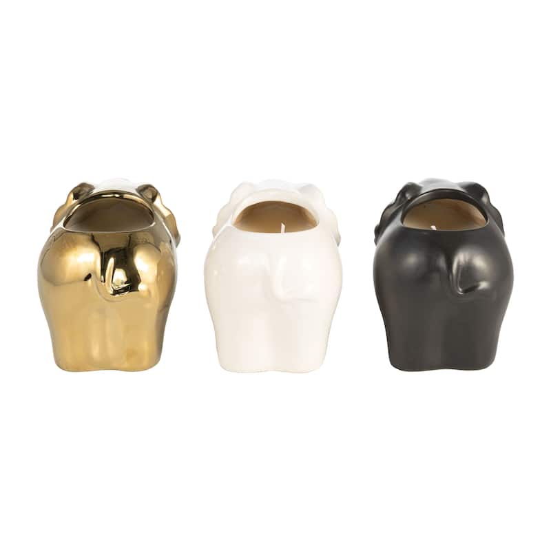 Set of Three 5"H 7" Diameter Gold, Ivory, and Black Colored Ceramic Elephant Soy Candle 9oz Pumeria-scented for Indoor