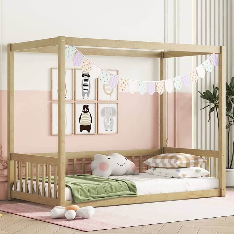 Natural Twin Size Pine Wood Canopy Frame Floor Bed with Guardrails - Twin - Natural