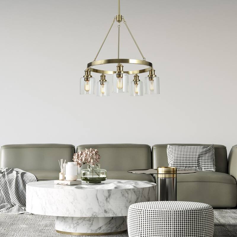 Oriva Modern 5-Light Gold Wagon Wheel Chandelier with Clear Glass Shades - Brushed Electroplated Copper - Dia.25"xH26.5"
