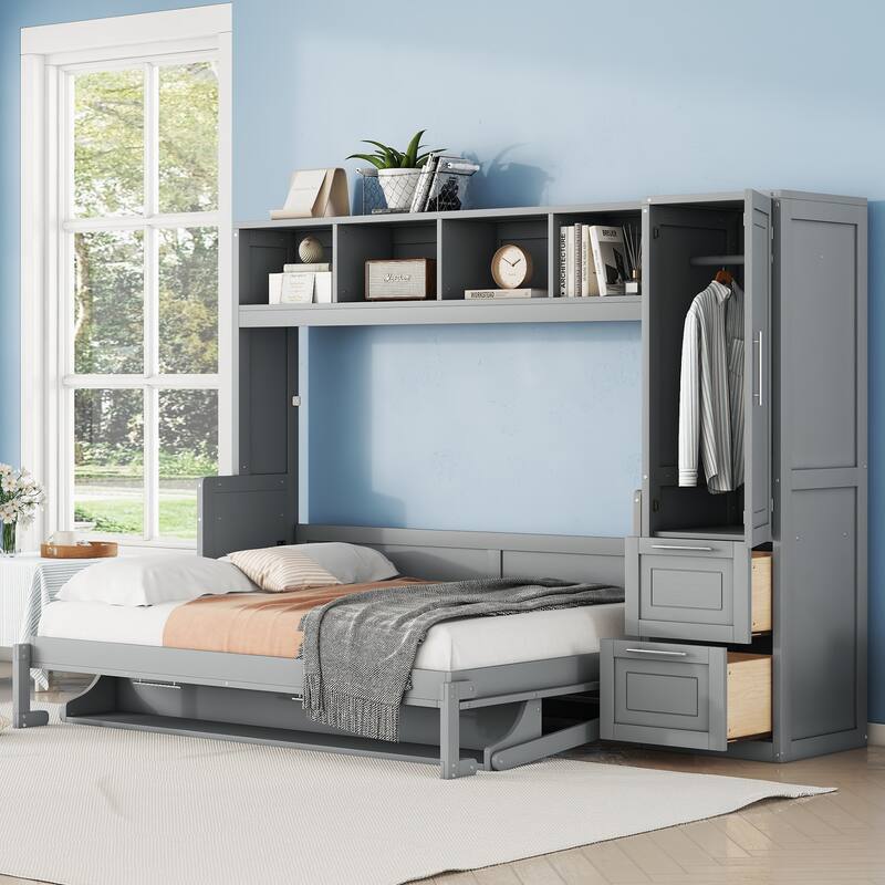 Gray Full Size Murphy Bed with The Built-in top Shelf,Closet and Two Storage Drawers for Bedroom - Gray
