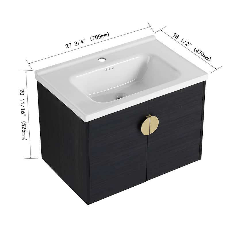 28 Inch Plywood Wall Mounted Bathroom Vanity Set in Black with Integrated Ceramic Basin